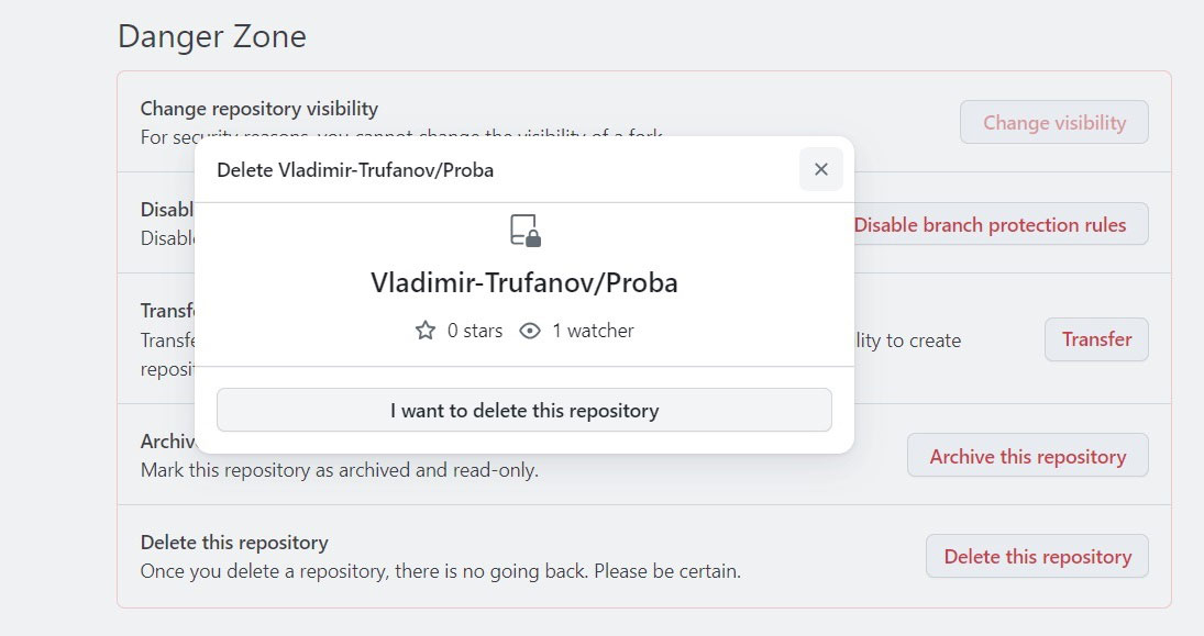 “Да, я хочу удалить свой репозитарий”